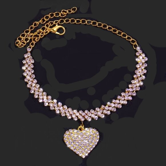 Dangling Heart Shaped Gold Tone Rhinestone Anklet or Choker - Picture 3 of 5